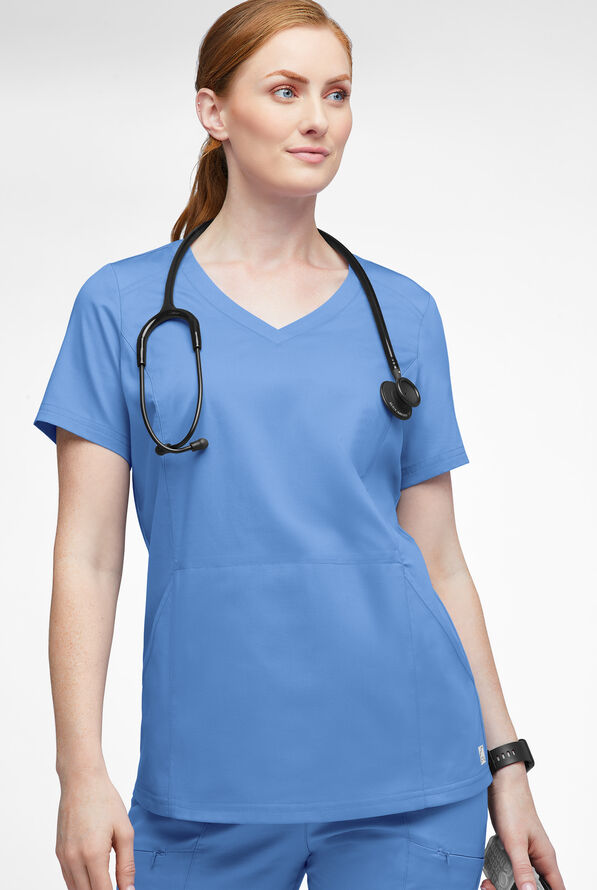 Blusa m&eacute;dica UA Butter-Soft STRETCH con detalle tejido y 3 bolsillos para mujer - Ceil Blue - 3