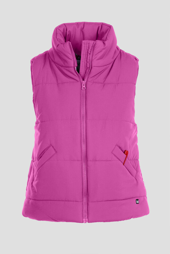 koi Essentials Nula Women's 2-Pocket Zip Front Puffer Scrub Vest - Hibiscus - 1