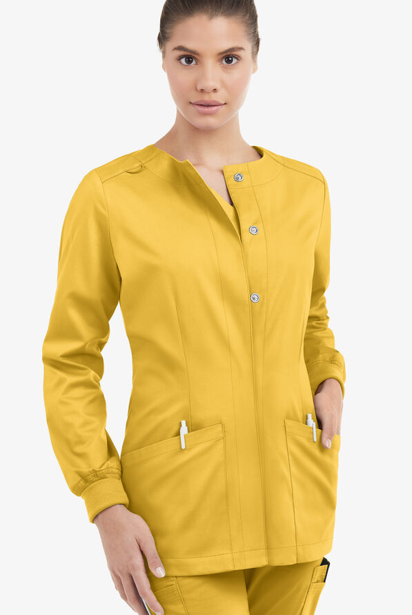 Butter-Soft STRETCH Women's 2-Pocket Long Sleeve Snap Front Scrub Jacket - Warm Sun - 2