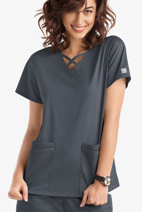 Butter-Soft STRETCH Women's 4-Pocket Crisscross Scrub Top - Pewter - 2