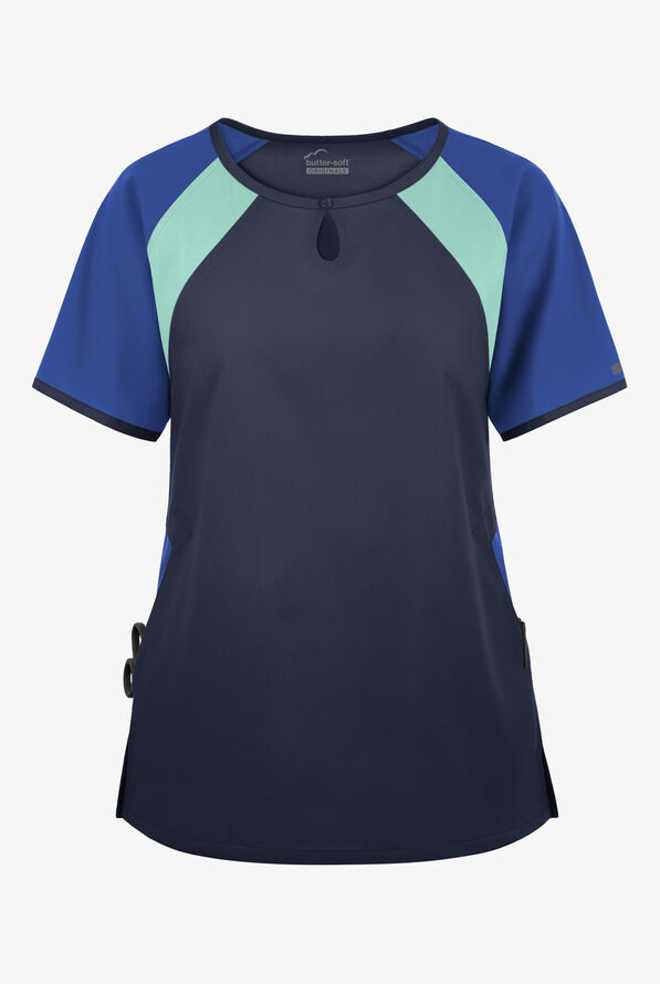Blusa m&eacute;dica Butter-Soft Originals Tri-Colorblock con cuello ojo de cerradura y 3 bolsillos para mujer - Navy/Galaxy/Watermint - 1