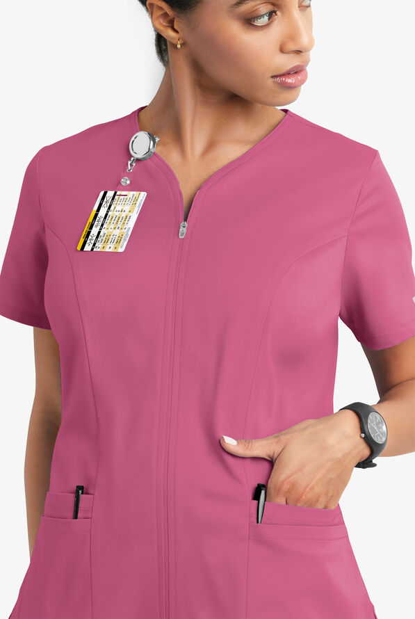 Butter-Soft STRETCH Women's 4-Pocket Smooth Face Zipper Scrub Top - Berry Haze - 3