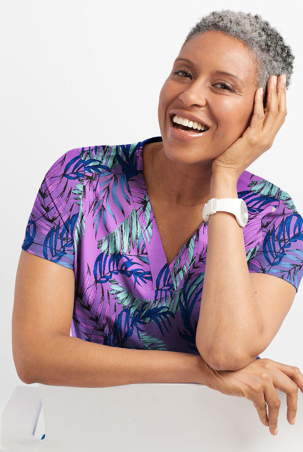 UA Butter-Soft STRETCH Palm Fronds Aqua Moon Women's 1-Pocket V-Neck Print Scrub Top - null - 3