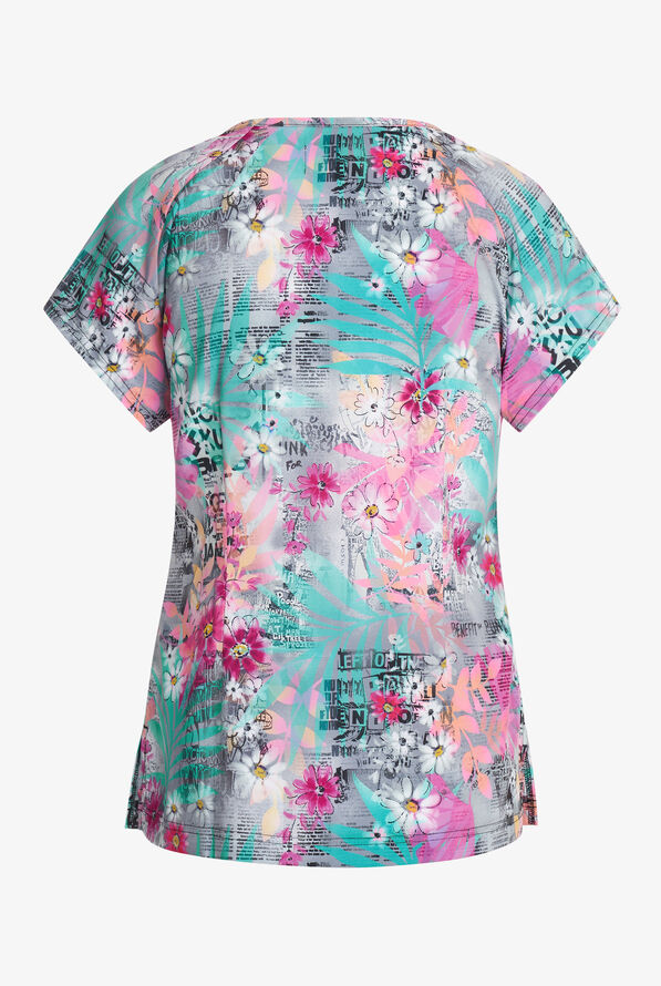 Planet koi Flash Back Floral Women's 2-Pocket STRETCH V-Neck Print Scrub Top - null - 2