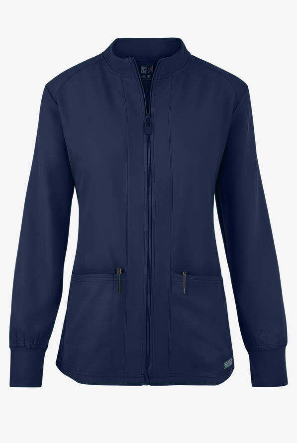 Med Couture Insight Women's 3-Pocket Zip Front Warm Up Scrub Jacket - Navy - 1