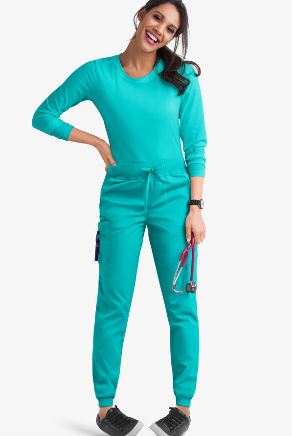 Butter-Soft STRETCH Women's 5-Pocket Cargo Jogger Scrub Pants - Petite - Bright Teal - 2