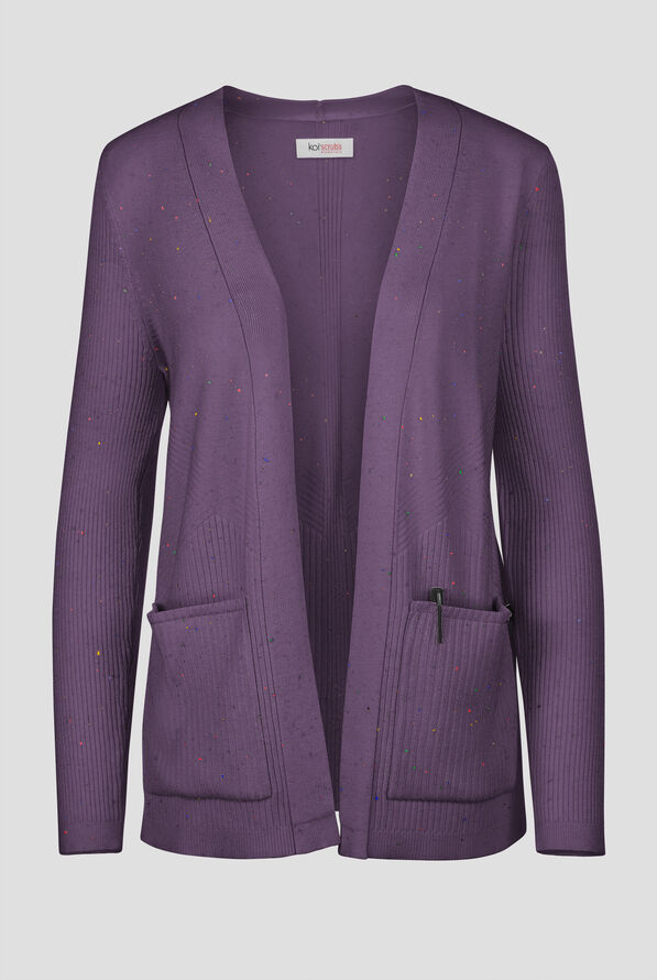 koi Essentials Kori Women's 2-Pocket Open Front Rib Knit V-Neck Scrub Cardigan - PURPLE DUSK - 1