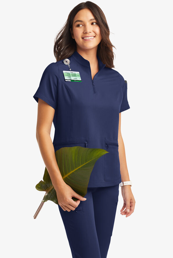 Butter-Soft Women's 5-Pocket Zipper Neck Short Sleeve Scrub Top **Slightly IRREGULAR** - Navy - 2