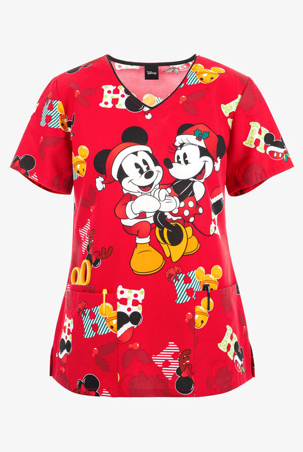 Tooniforms Mickey Holiday Cheer Women's 2-Pocket V-Neck Print Scrub Top - null - 1