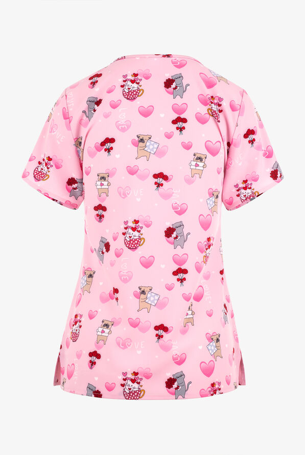 Zoe & Chloe Valentine's Day Rosie Posey Paws Women's 2-Pocket STRETCH V-Neck Print ScrubTop - null - 2