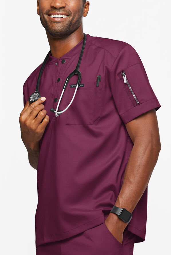 Advantage STRETCH Men's 2-Pocket Short Sleeve Henley Scrub Top - Wine - 2