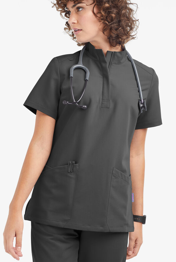 Movement by Butter-Soft Lyrae Women’s 6-Pocket Zip Closure Neck Scrub Top - Pewter - 2