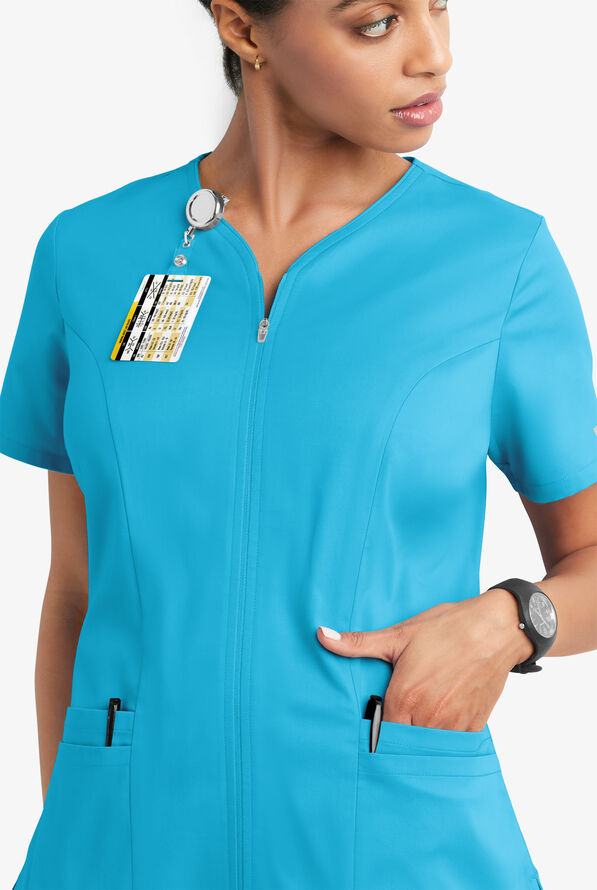Butter-Soft STRETCH Women's 4-Pocket Smooth Face Zipper Scrub Top - Turquoise - 3