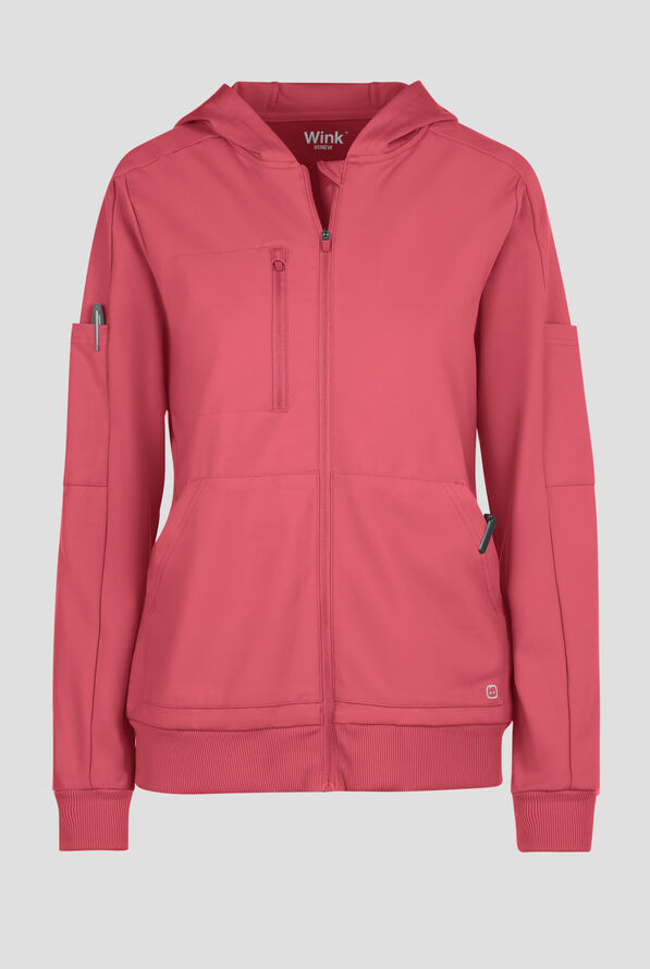 Wink Renew Knit Women's 4-Pocket STRETCH Front Zip Scrub Hoodie Jacket - Ruby - 1