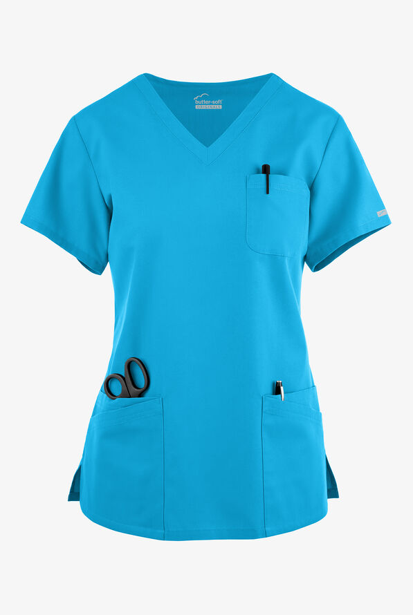 Blusa médica Butter-Soft Originals con cuello en V curvo y 7 bolsillos para mujer - Turquoise - 1