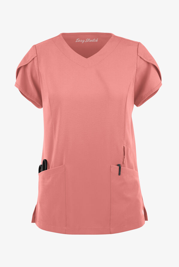 Easy STRETCH Daisy Women's 4-Pocket V-Neck Scrub Top with Petal Sleeves - Autumn Coral - 1