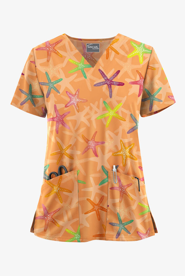 Butter-Soft STRETCH Seastar Symphony Peach Creamsicle Women's 2-Pocket V-Neck Print Scrub Top - null - 1