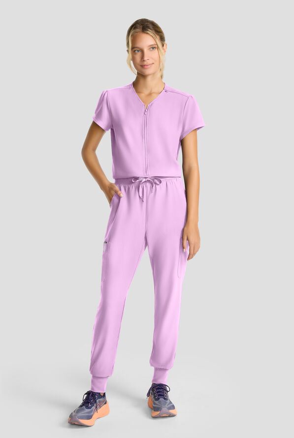 Med Couture Insight Women's 4-Pocket Zip Front Drawstring Waist Scrub Jumpsuit - Lilac - 1