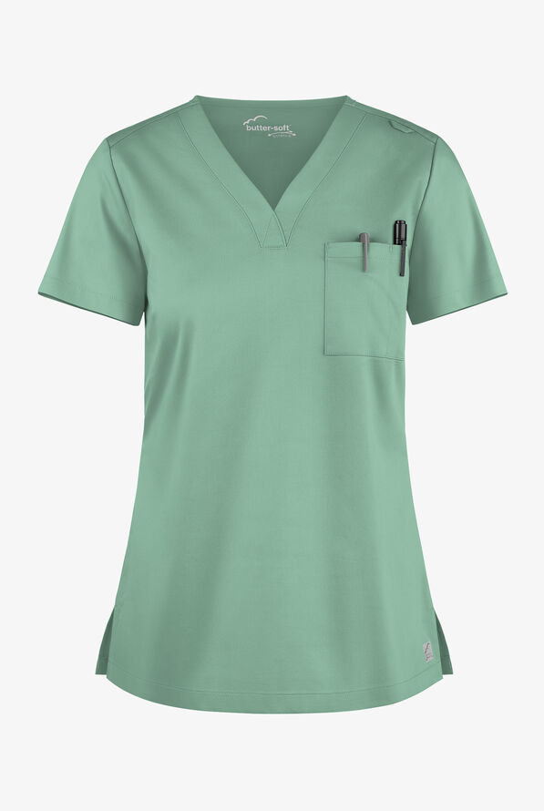 Butter-Soft STRETCH Women's 2-Pocket V-Neck Tuck-In Scrub Top - Water Mint - 1