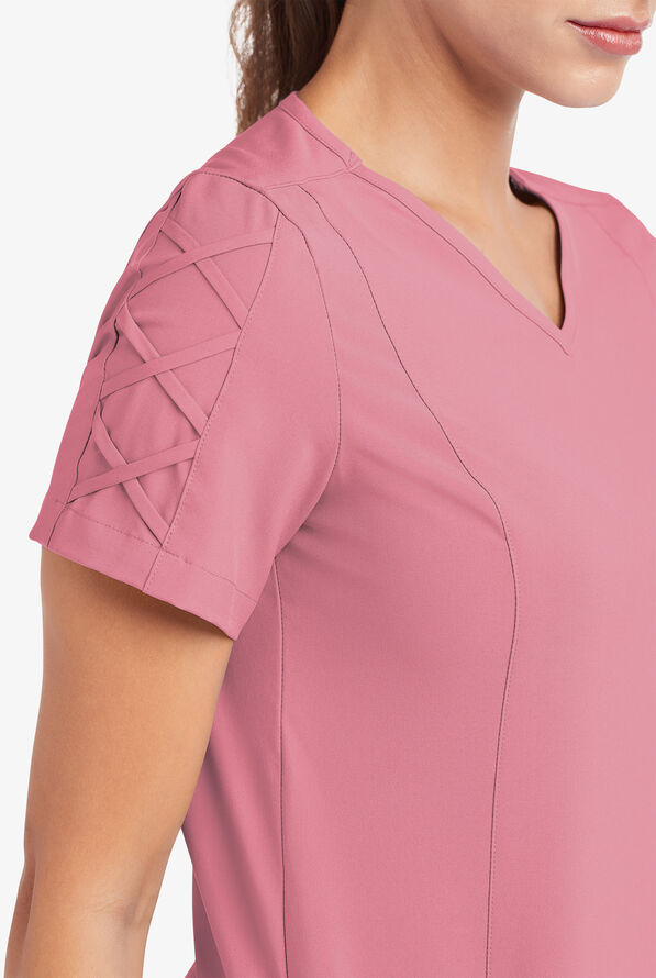 Easy STRETCH Kylie Woman's 5 Pocket V-Neck With Criss-Cross Detail Scrub Top - Cashmere Rose - 6
