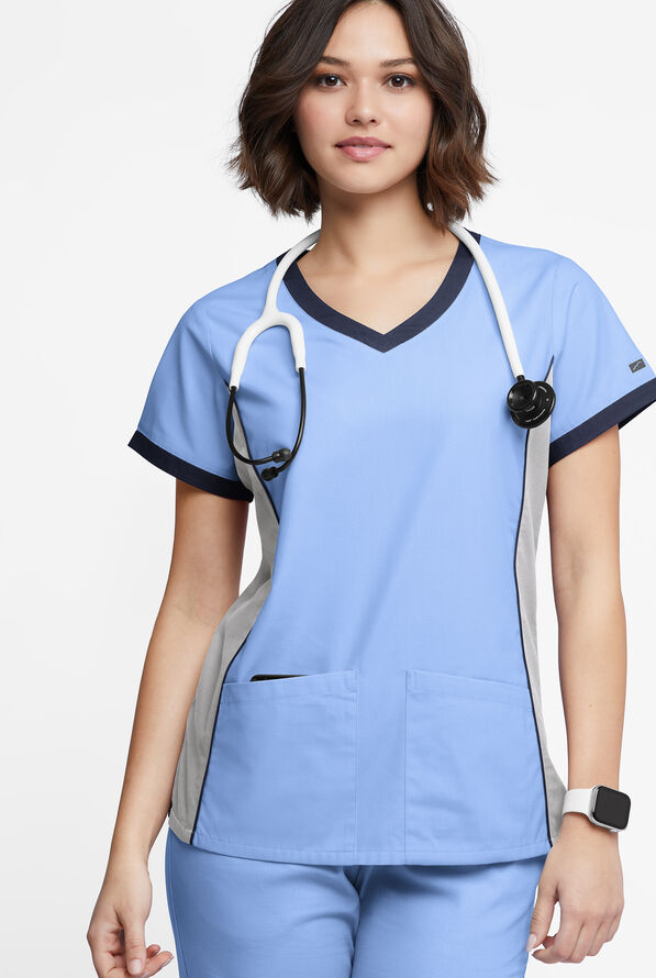 Blusa m&eacute;dica Butter-Soft Originals Tri-Colorblock con cuello en V y 4 bolsillos para mujer - Ceil/Silver/Navy - 2