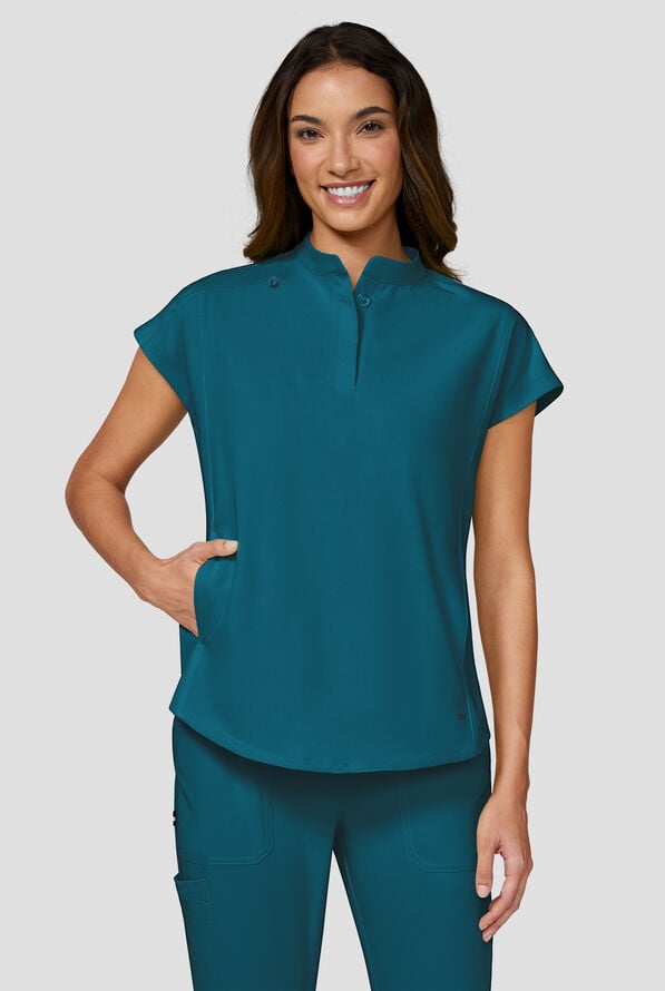 koi Next Gen Superhuman Women's 2-Pocket STRETCH Dolman Sleeve Scrub Top - Caribbean Blue - 2