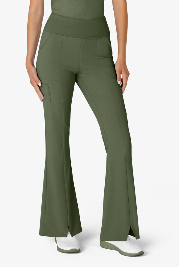 Wink Renew Women's 7-Pocket STRETCH Yoga Waist Flare Notch Leg Cargo Scrub Pants - Olive - 1