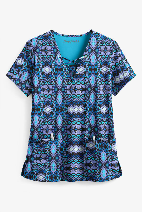 Easy STRETCH Whispering Ikat Onyx Women's 4-Pocket V-Neck Print Scrub Top - null - 1