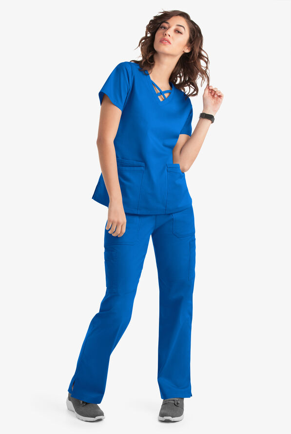 Blusa m&eacute;dica UA Butter-Soft STRETCH con lazos entrecruzados y 4 bolsillos para mujer - Royal - 6