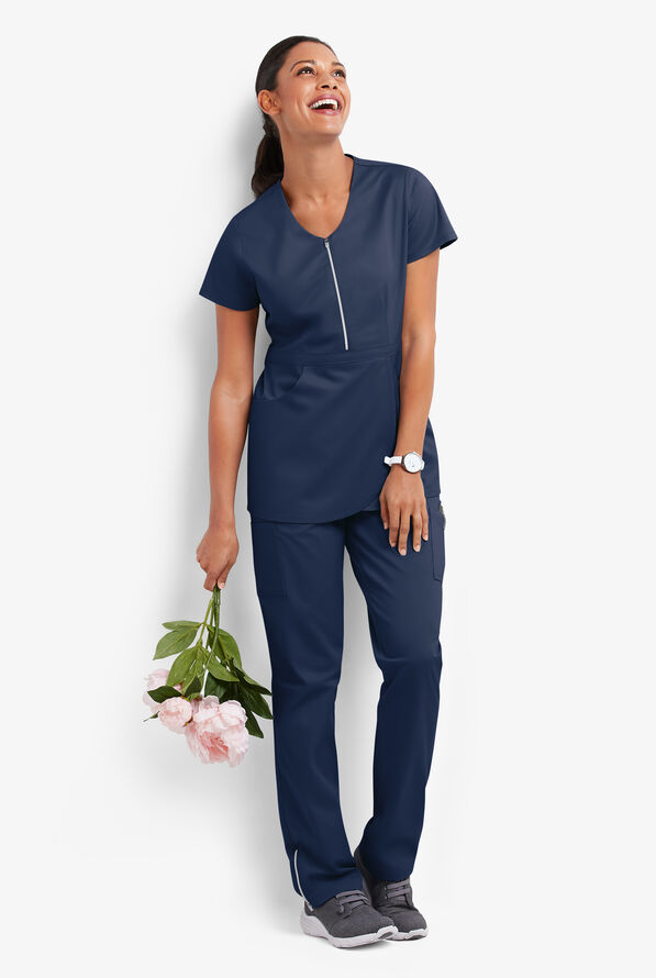 Butter-Soft STRETCH Women's 3-Pocket Zip Peplum Scrub Top - Navy - 6