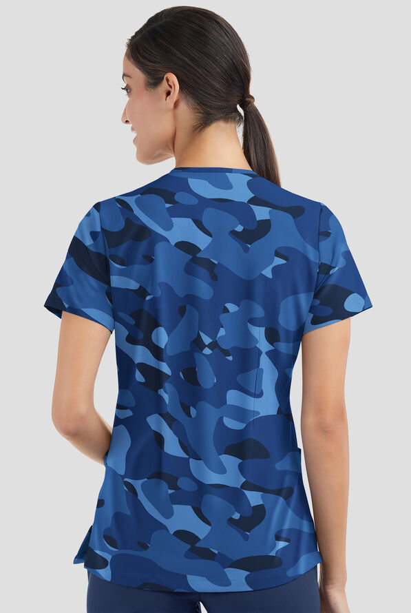 Strictly Scrubs STRETCH Cloud Camo Navy Women's 2-Pocket Mitered V-Neck Print Scrub Top - null - 3