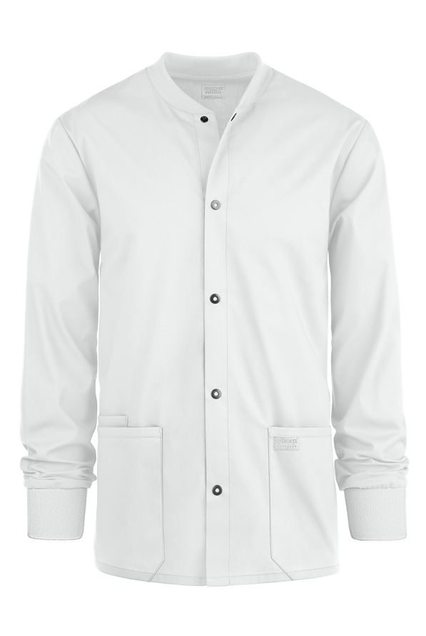 Cherokee Workwear Professionals Men's 3-Pocket STRETCH Snap Front Scrub Jacket - White - 1