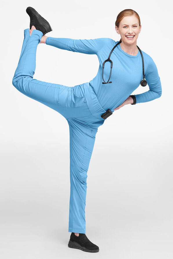 Butter-Soft STRETCH Women's 6-Pocket High Waisted Slim Leg Yoga Scrub Pants - Petite - Blue Oasis - 4