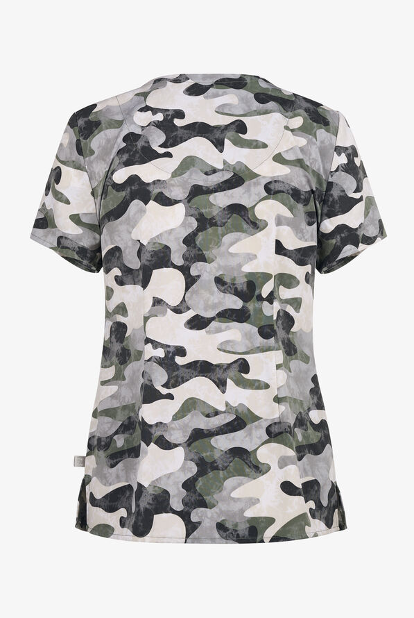 Healing Hands Stylized Camo Women's 3-Pocket STRETCH V-Neck Print Scrub Top - null - 2