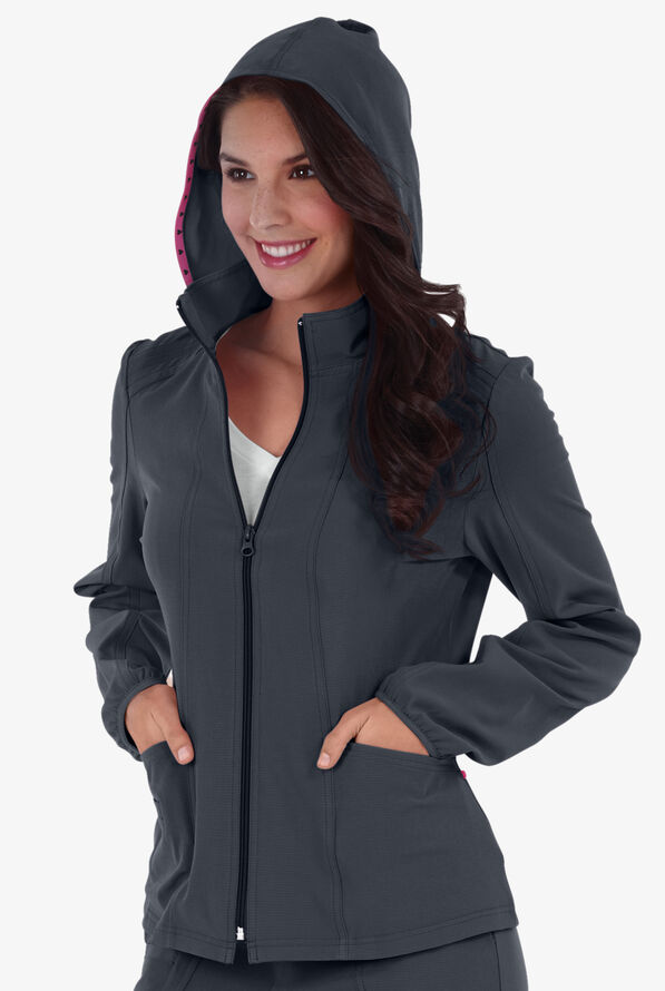 heartsoul Break On Through Women's 3-Pocket STRETCH Zip Front Warm-Up Scrub Jacket - Pewter - 2