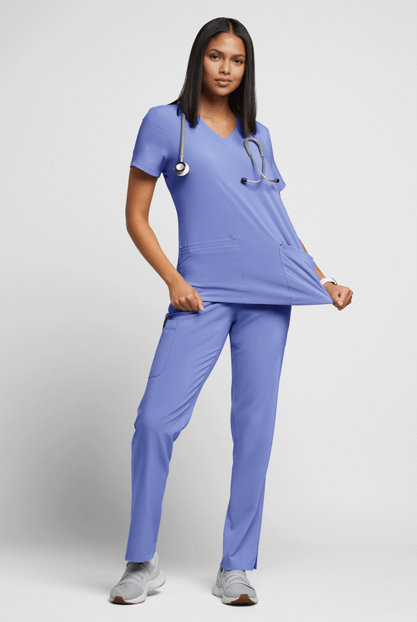 Easy STRETCH Lina Mitered Women's 4-Pocket V-Neck Scrub Top - Ceil Blue - 4
