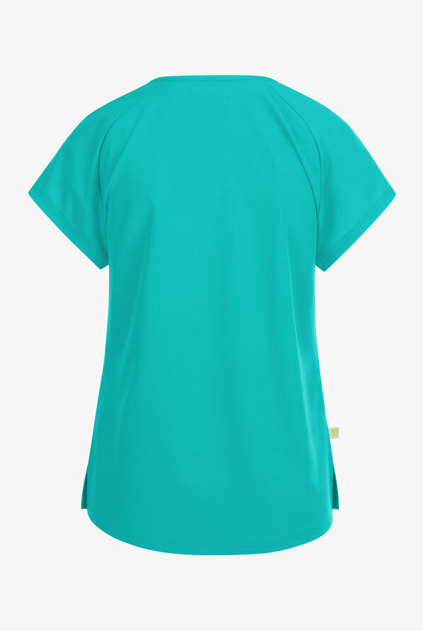 Planet koi Kallani Women's 1-Pocket STRETCH Rouched Shoulder Jewel Neck Scrub Top - Waterfall Blue - 2