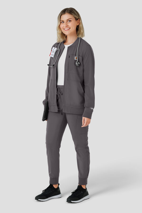 Carhartt Force Cross-Flex Rugged Flex Women's 6-Pocket Rib Trim Lightweight Zip Bomber Scrub Jacket - Pewter - 4