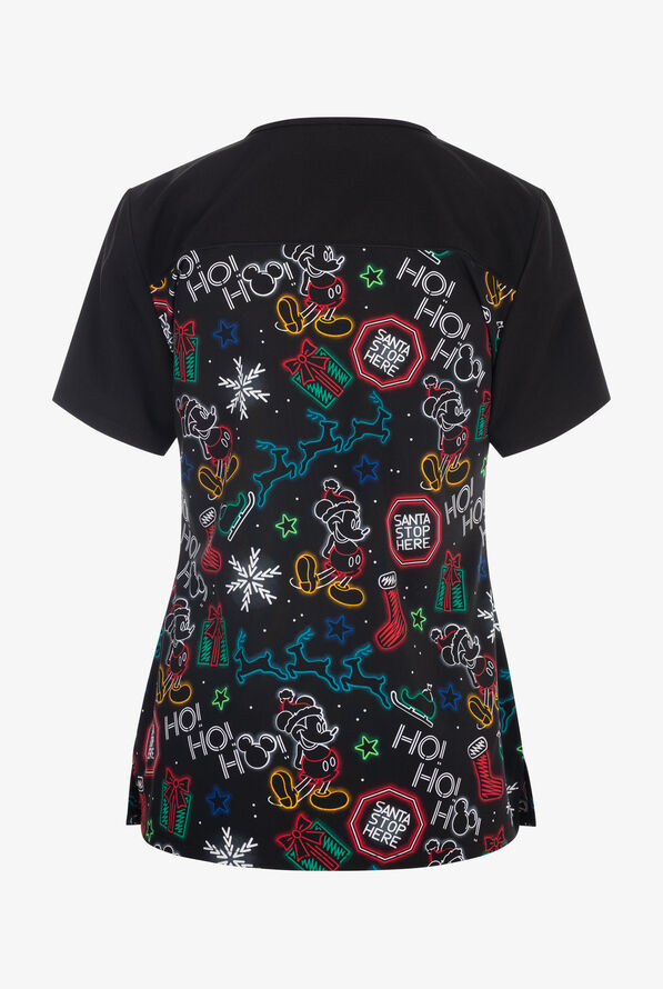 Tooniforms Disney's Mickey Christmas Glow Women's 2-Pocket STRETCH V-Neck Print Scrub Top - null - 2