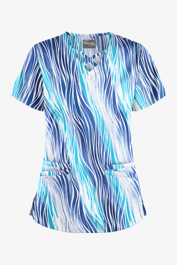 Butter-Soft STRETCH Water Waves Women's 4-Pocket Crisscross Print Scrub Top - null - 1