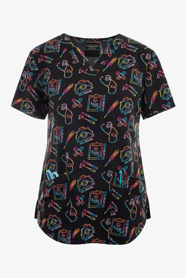 Cherokee Genuine Caring Essentials Nursing Women's 2-Pocket STRETCH V-Neck Print Scrub Top - null - 1