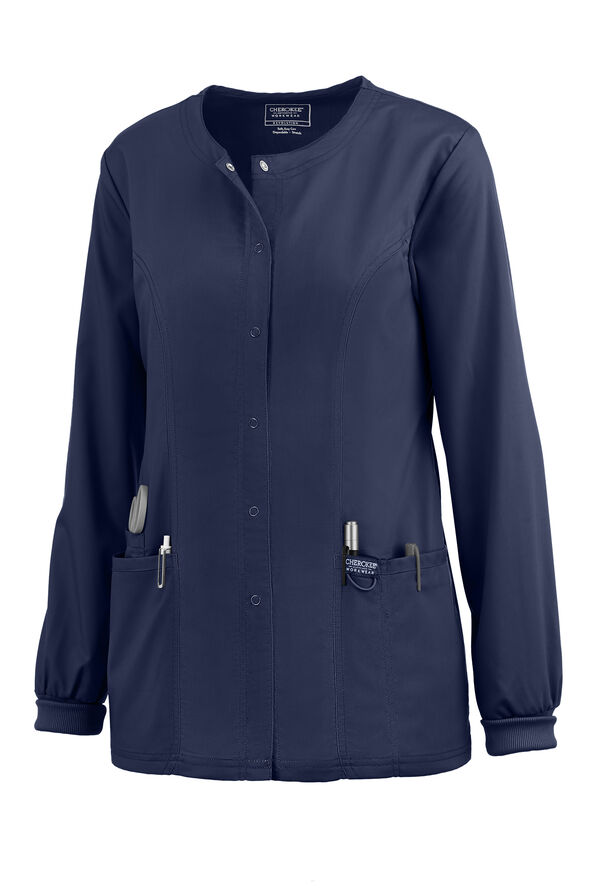 Cherokee Workwear Revolution Women's 3-Pocket STRETCH Snap Front Scrub Jacket - Navy - 1