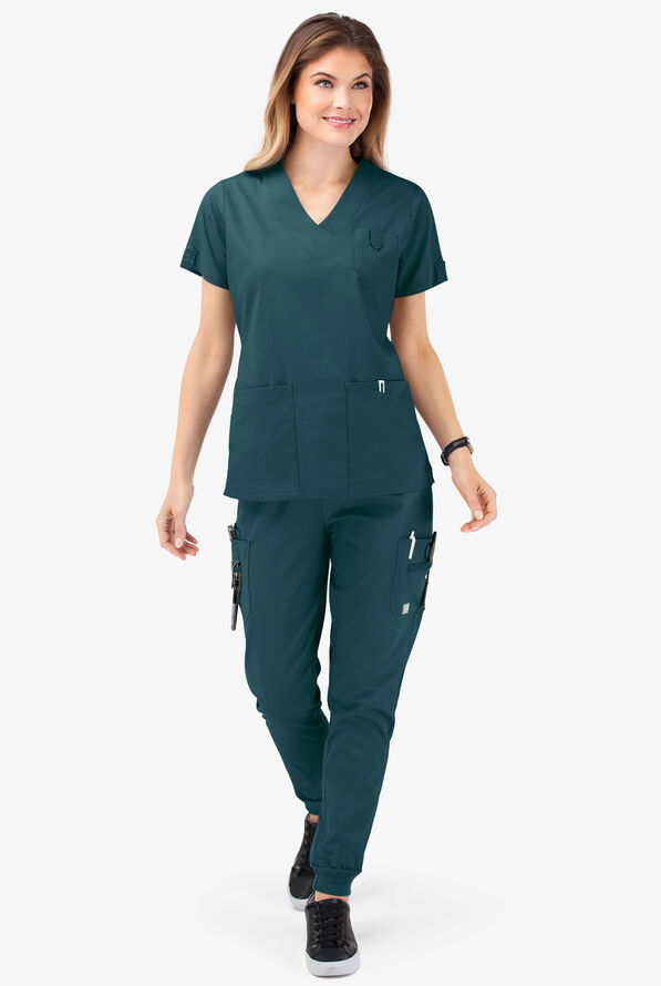 Butter-Soft STRETCH Women's 6-Pocket V-Neck Scrub Top - Caribbean Blue - 2