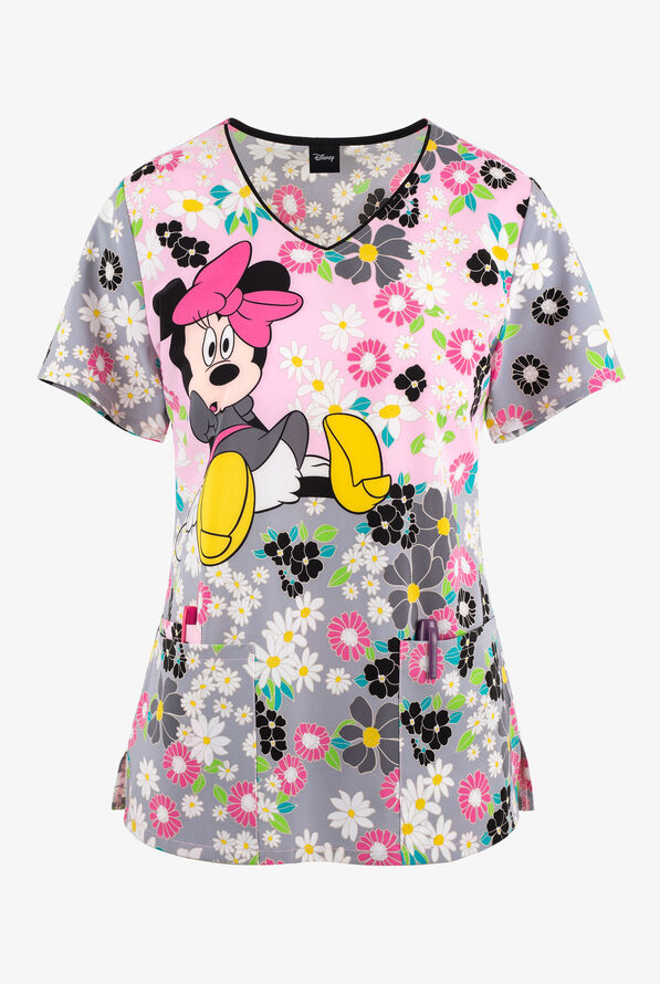 Tooniforms Minnie Mouse Many Minnie Flowers Women's 3-Pocket STRETCH V-Neck Print Scrub Top - null - 1