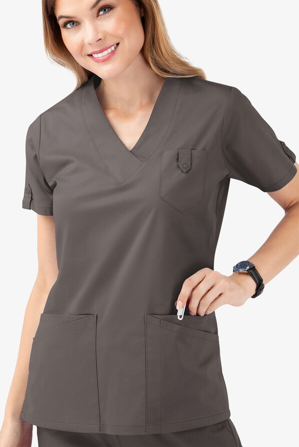 Butter-Soft STRETCH Women's 6-Pocket V-Neck Scrub Top - Cool Grey - 5