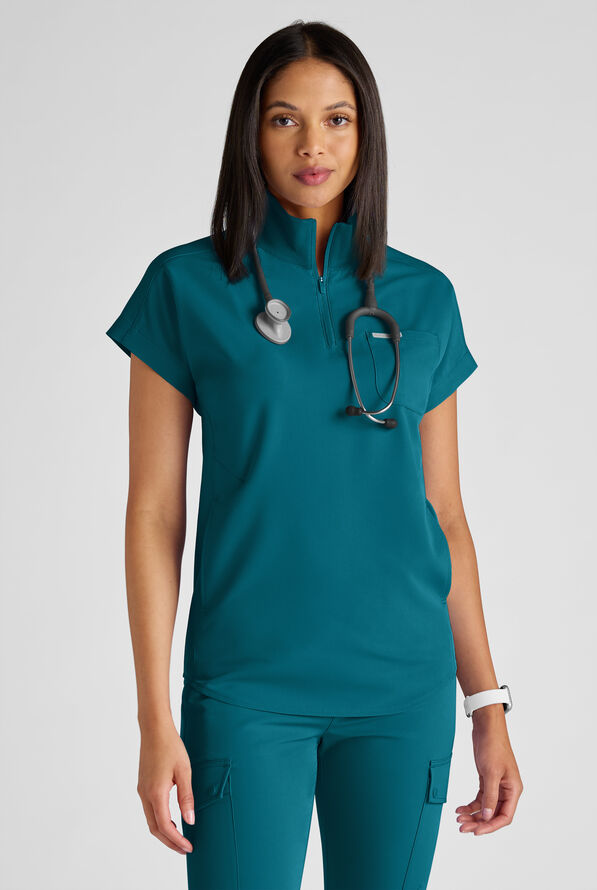 ReSurge Rhine Women's 5-Pocket Oversized Half Zip Stand Collar Scrub Top - Caribbean Blue - 1