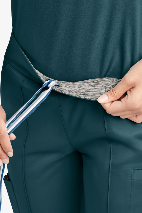 Butter-Soft STRETCH Women's 6-Pocket Pin-Tuck Crop Slim with Sport Trim Detail Scrub Pants - Caribbean Blue/Navy - 3