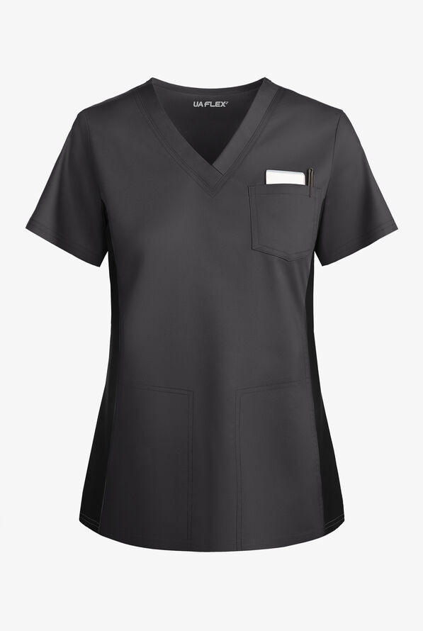 Blusa m&eacute;dica UA Flex2 STRETCH con cuello en V y paneles de tejido para mujer - Pewter/Black - 1