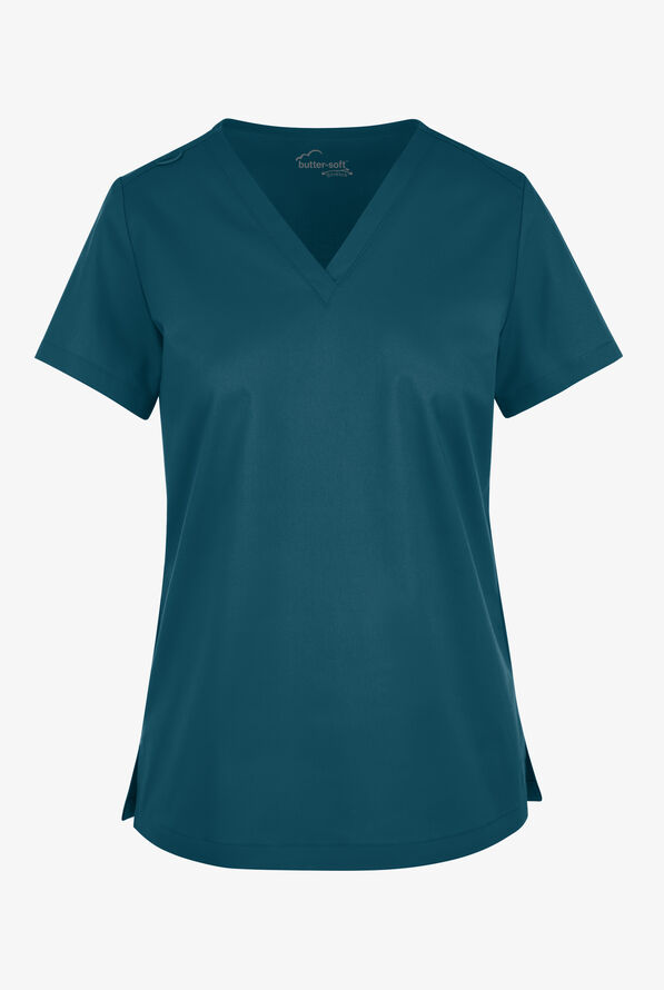 Butter-Soft STRETCH Women's V-Neck Tuck In Top - Caribbean Blue - 1