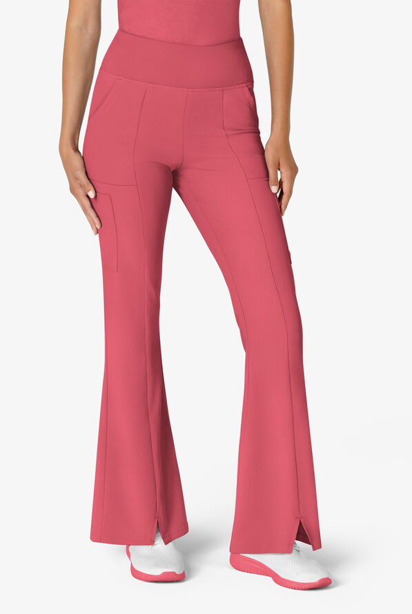 Wink Renew Women's 7-Pocket STRETCH Yoga Waist Flare Notch Leg Cargo Scrub Pants - Ruby - 1